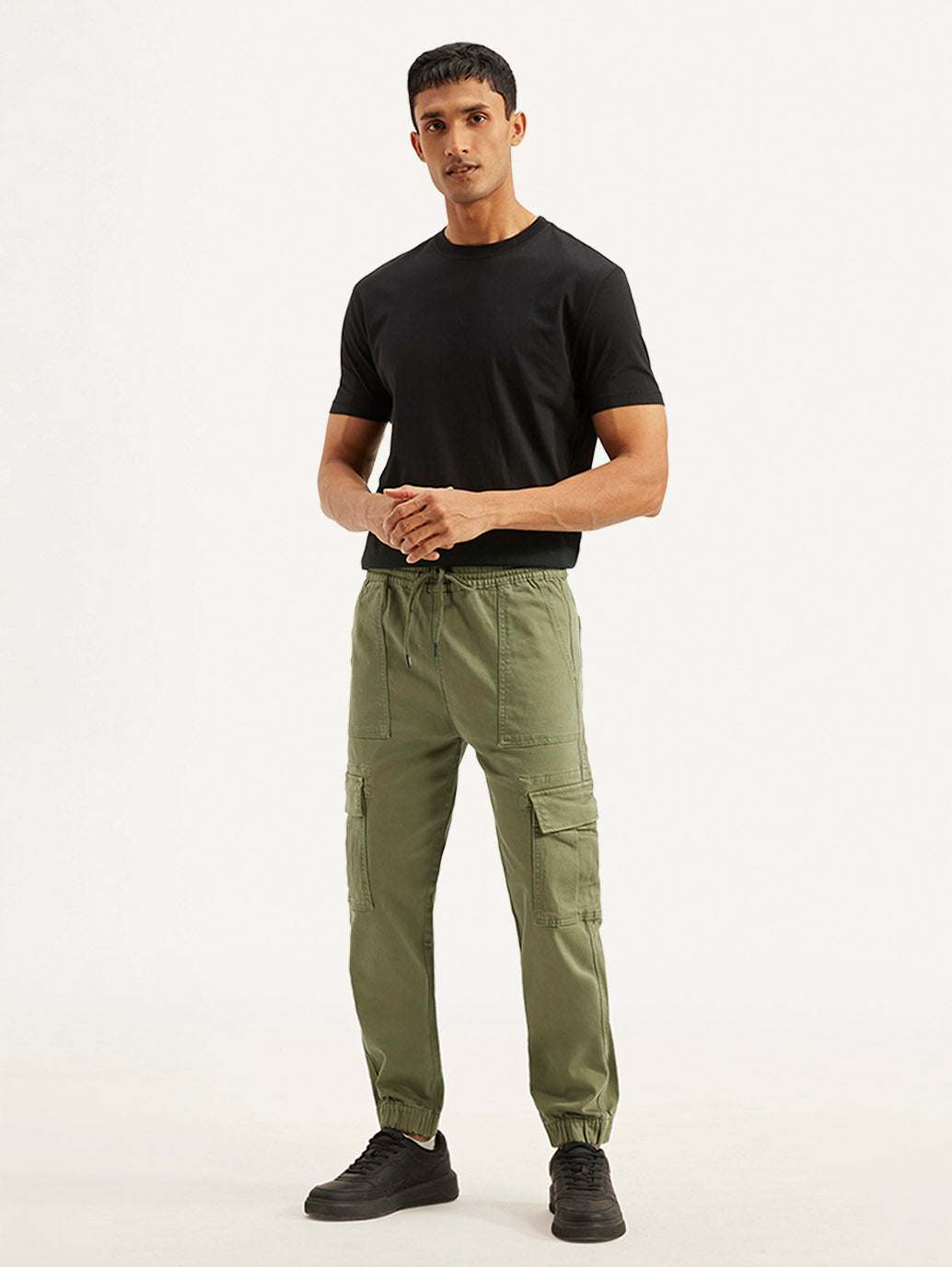 Men's Olive Loose Fit Cargo Trousers - Front View