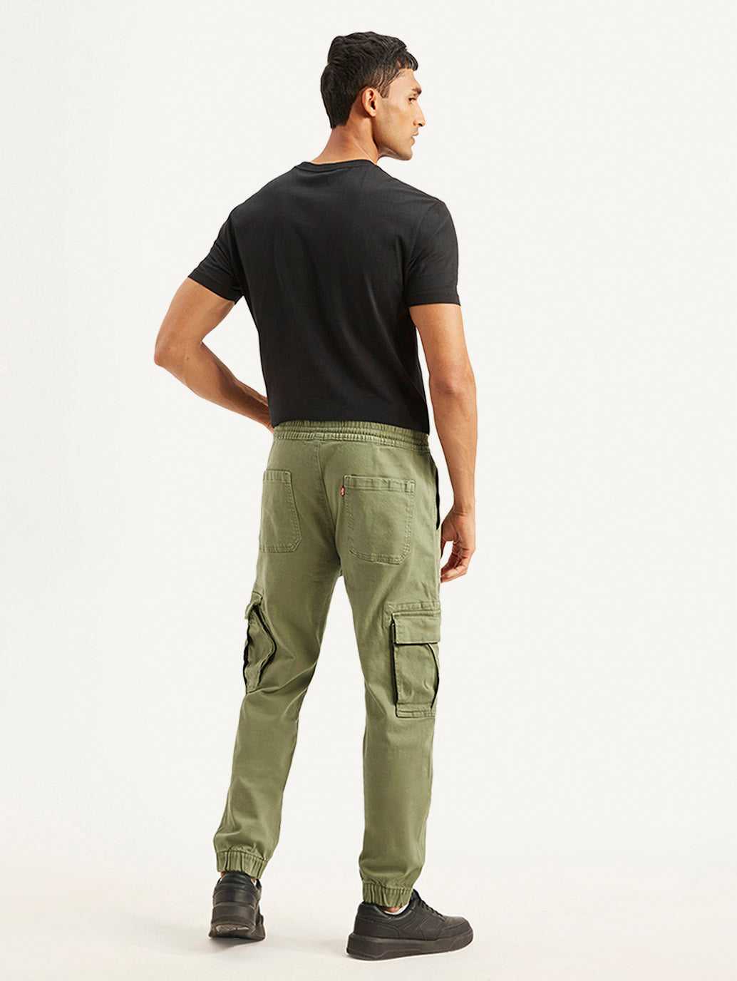 Men's Olive Loose Fit Cargo Trousers - Back View