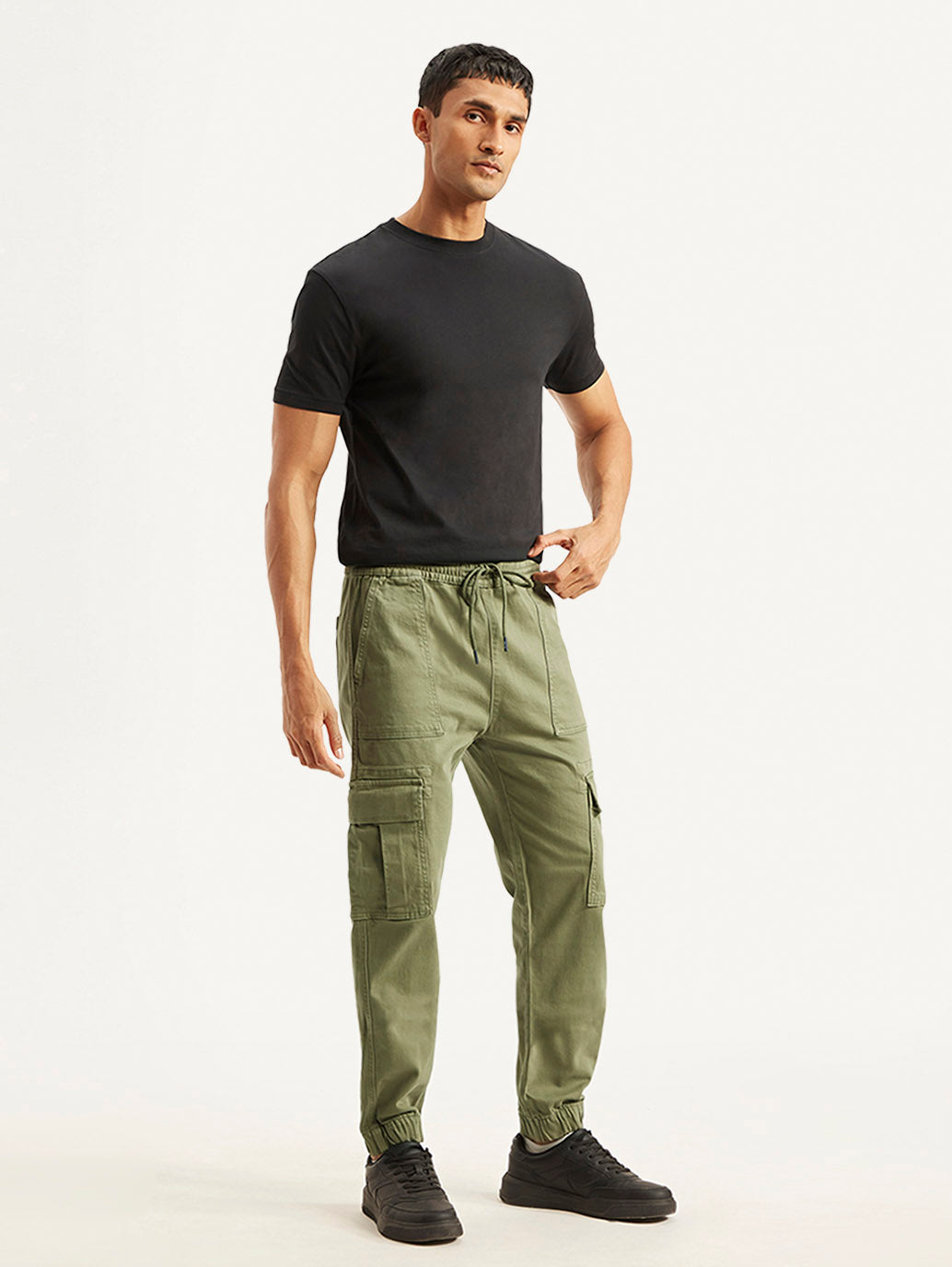 Men's Olive Loose Fit Cargo Trousers - Side View