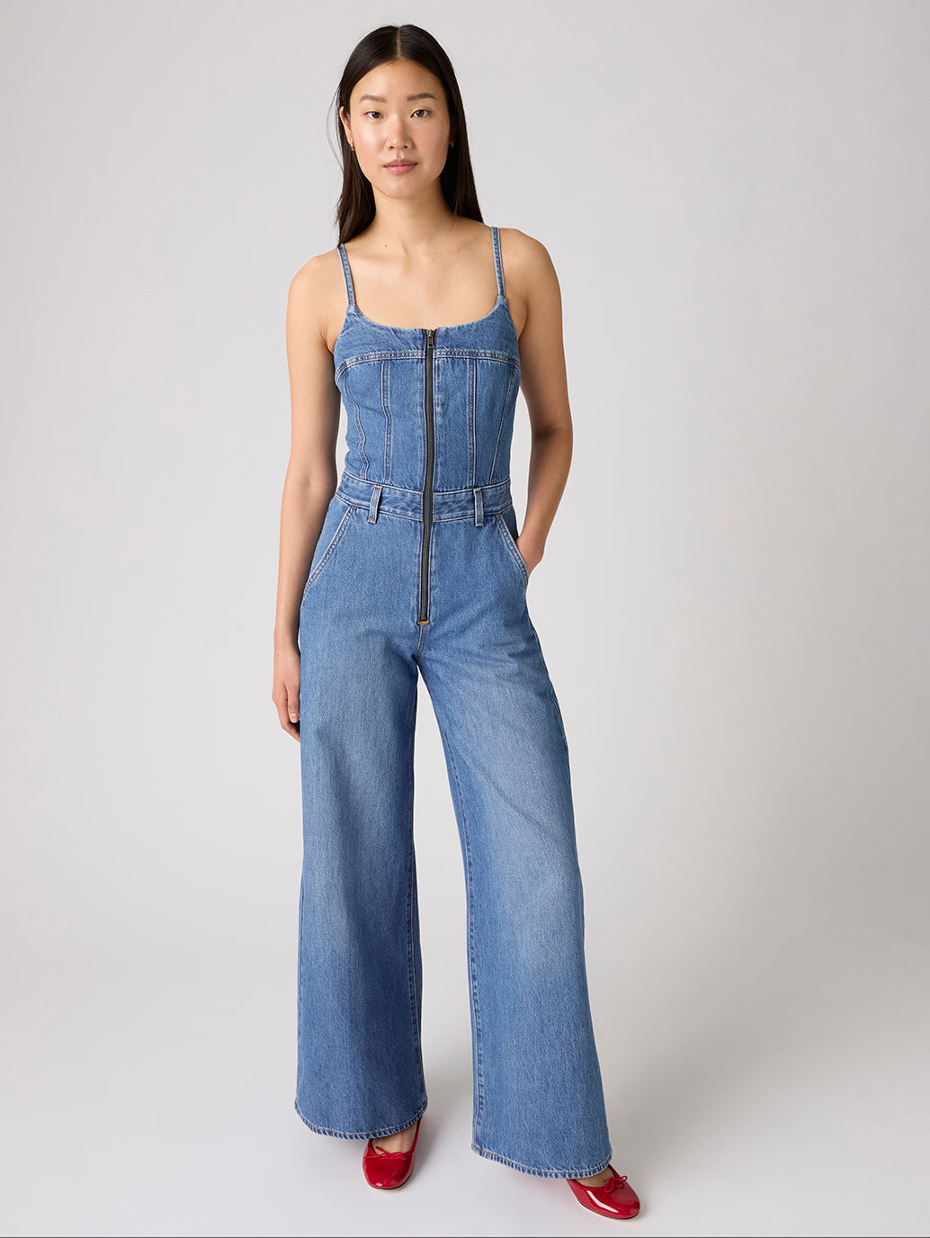 Women's Slim Fit Bustier Denim Jumpsuit - Front View