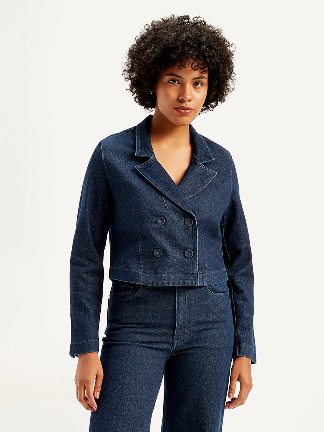 Women's Solid Indigo Denim Jacket - Front View