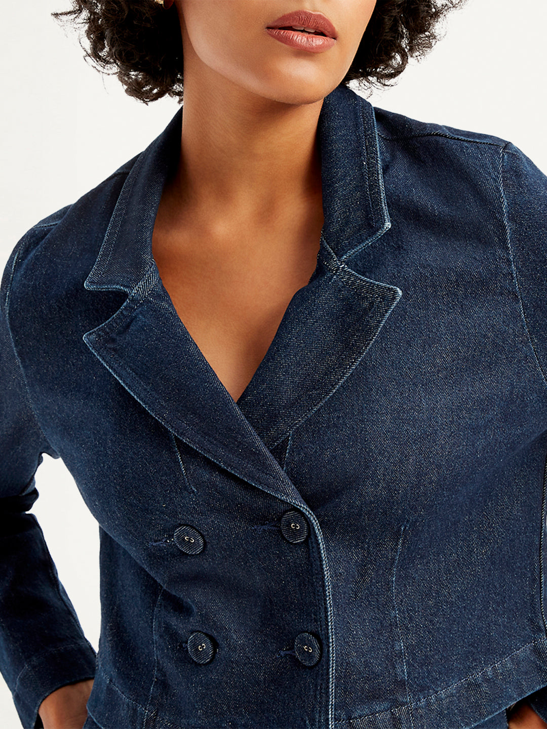 Women's Solid Indigo Denim Jacket - Detail View