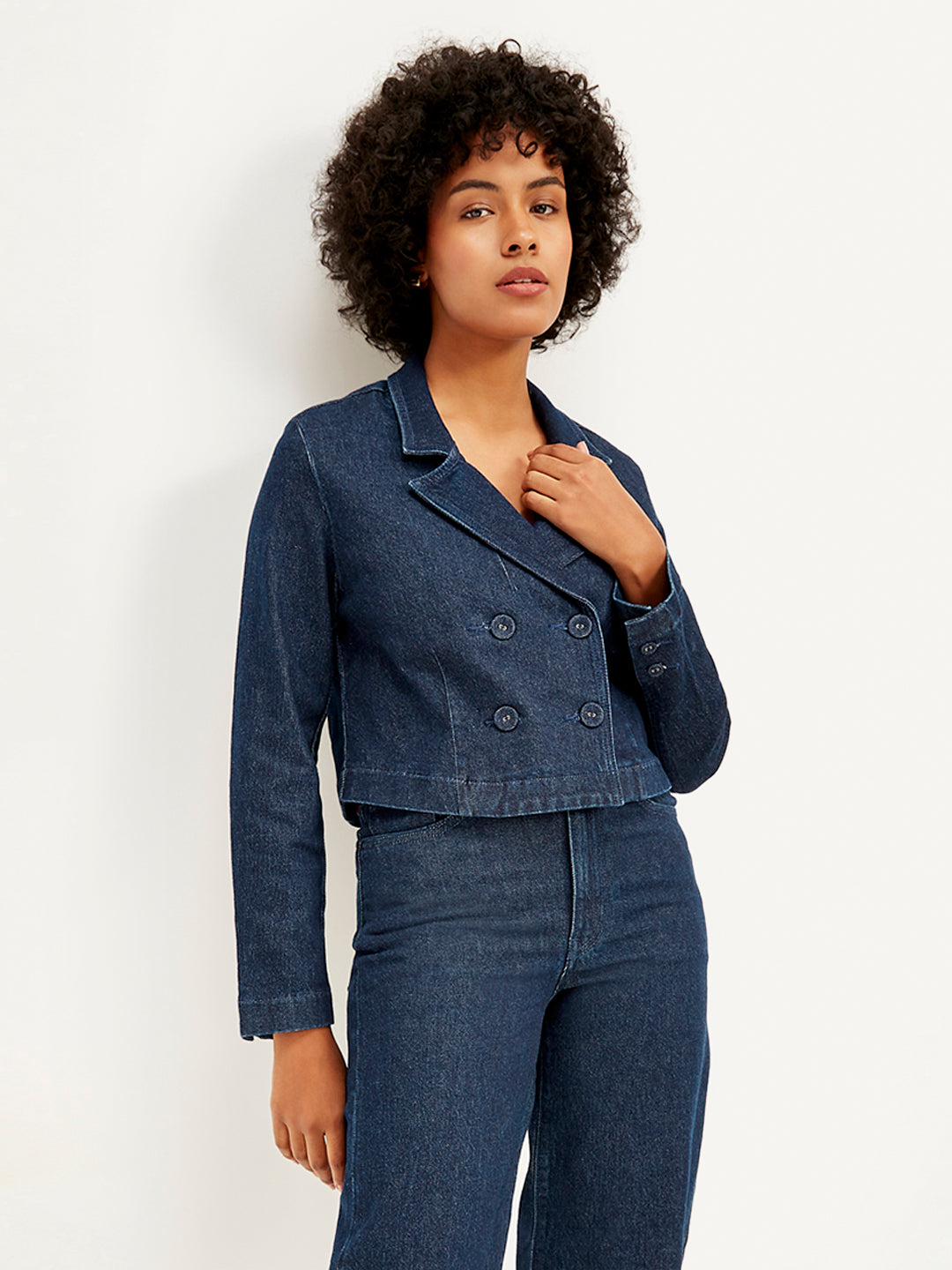 Women's Solid Indigo Denim Jacket - Styleshot View