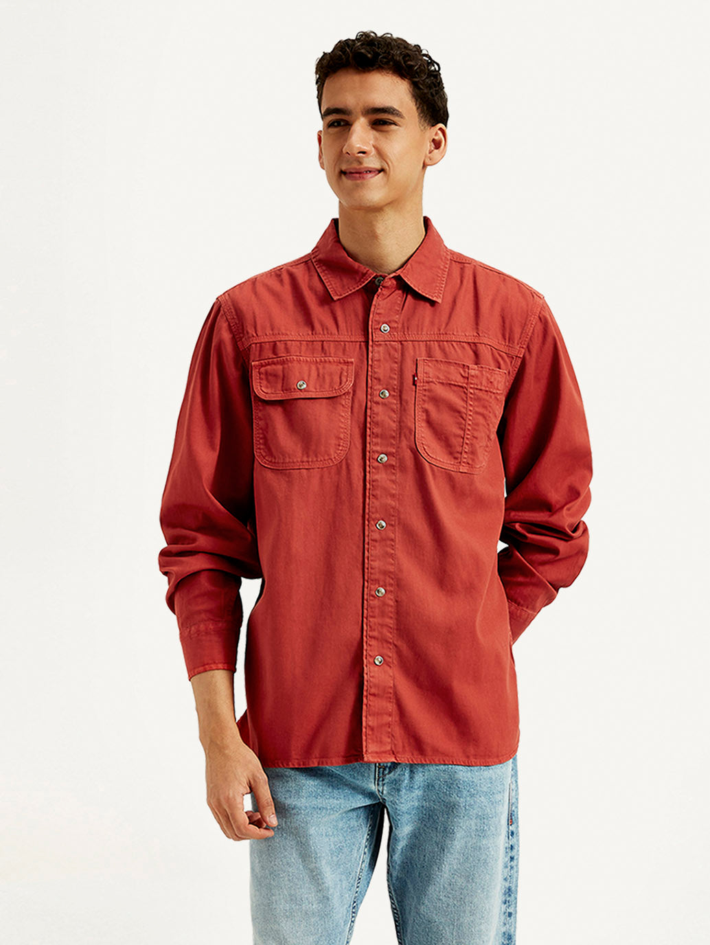 Men's Solid Overdyed Spread Collar Shirt - Front View