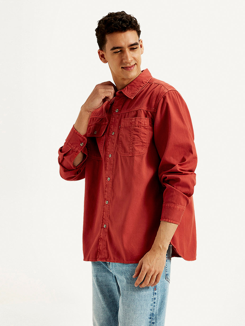 Men's Solid Overdyed Spread Collar Shirt - Side View