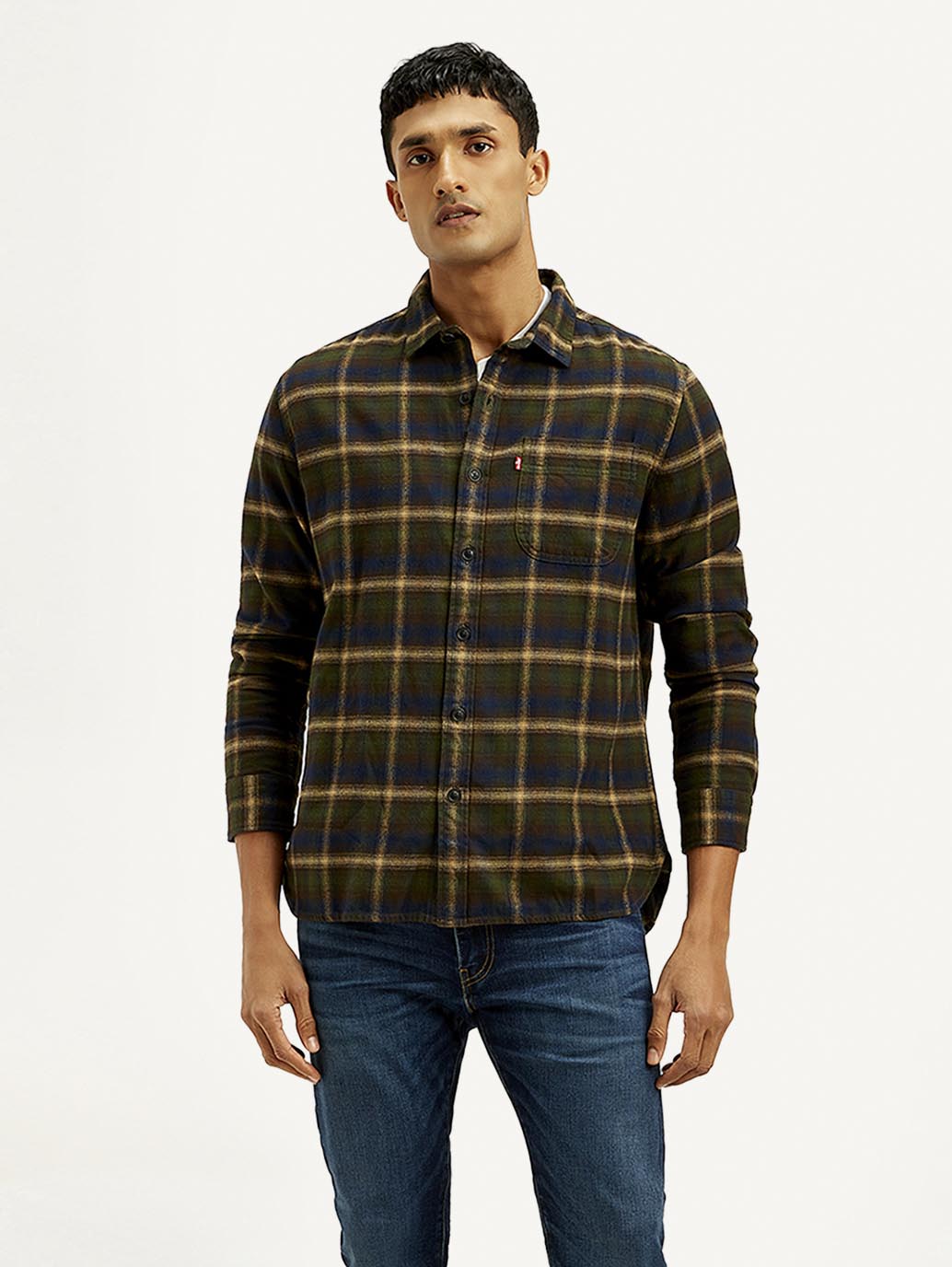 Men's Checkered Relaxed Fit Flannel Shirt - Front View