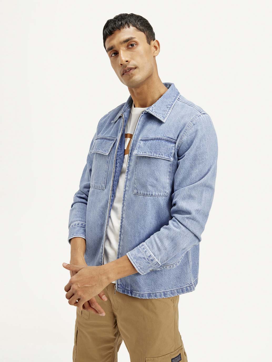 Men's Solid Light Blue Denim Shacket - Elevated View