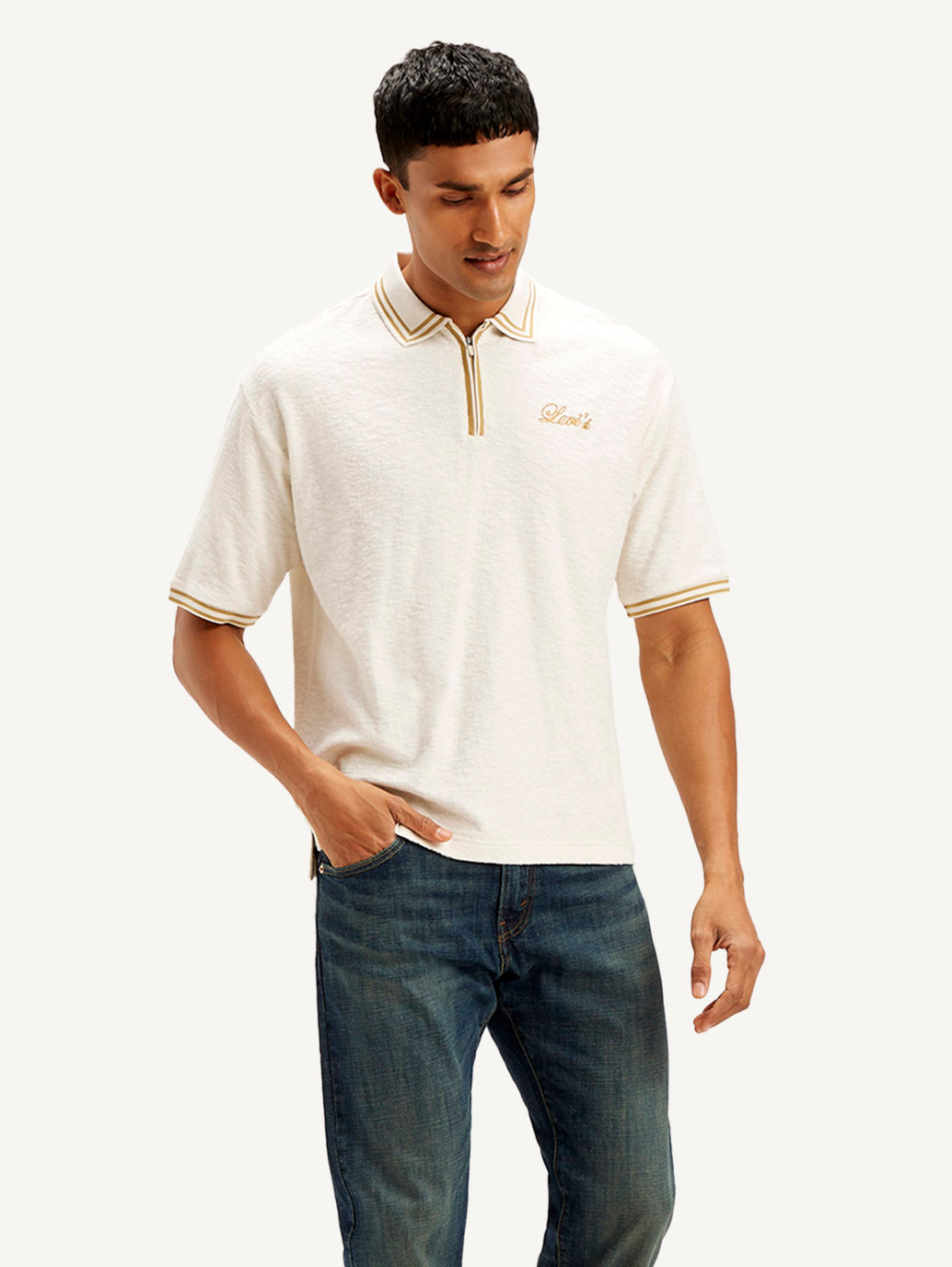 Men's Knitted Off-White Polo T-shirt - Styleshot View