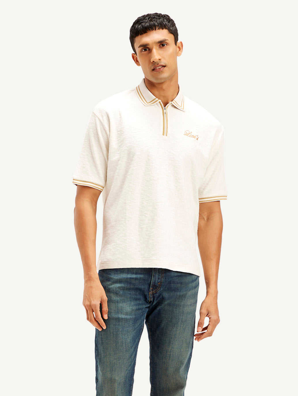 Men's Knitted Off-White Polo T-shirt - Front View