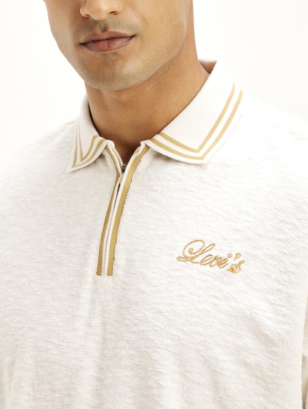 Men's Knitted Off-White Polo T-shirt - Detail View