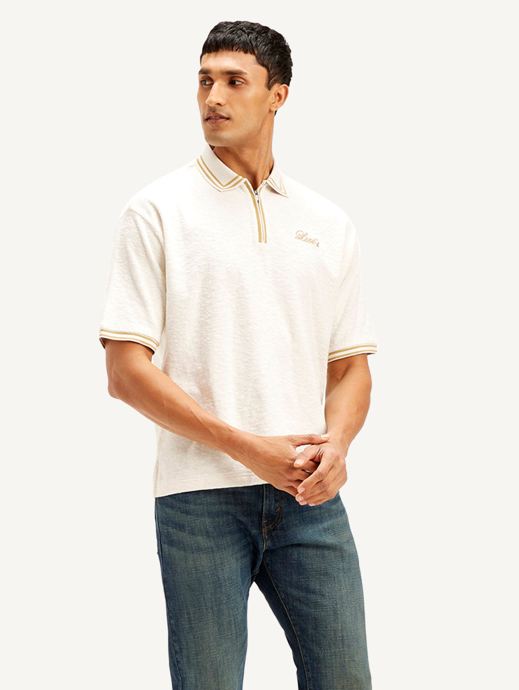 Men's Knitted Off-White Polo T-shirt - Side View