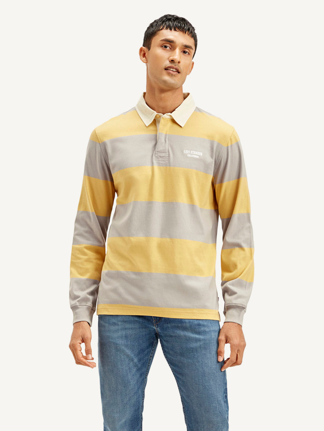 Men's Striped Yellow Polo T-shirt - Front View
