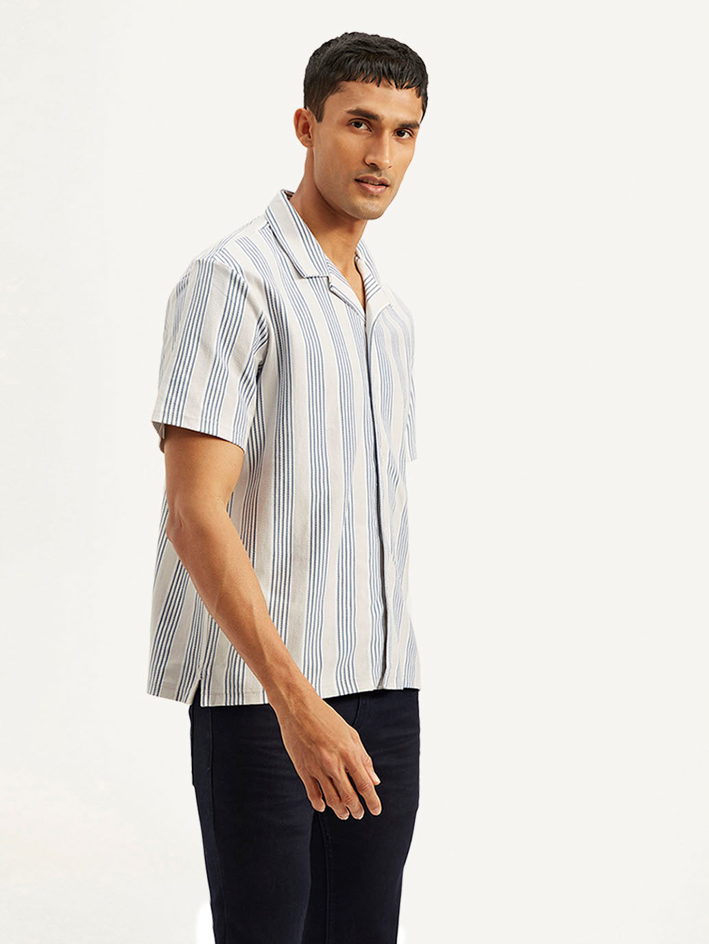 Men's Resort Collar Striped Relaxed Fit Camp Shirt - Side View