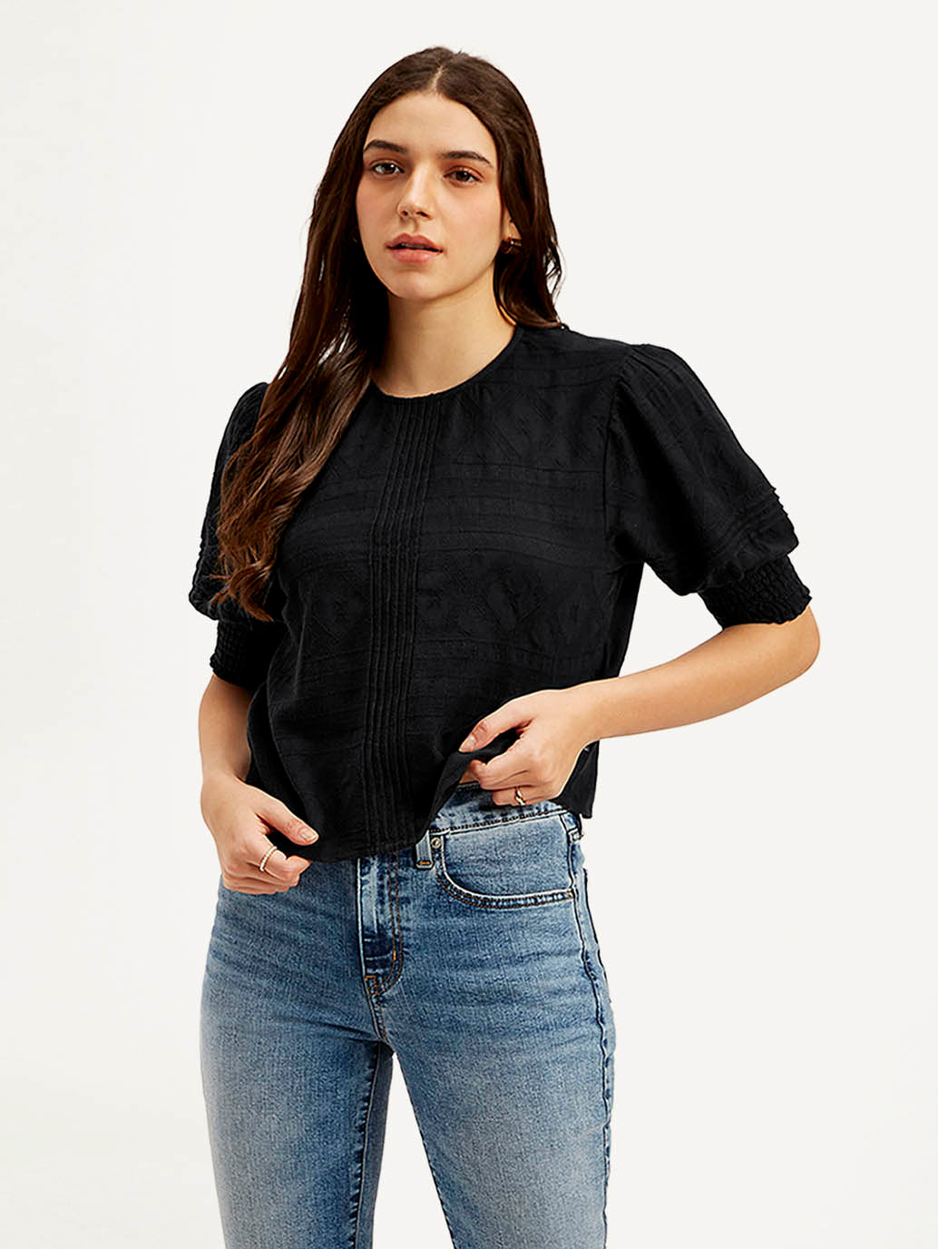 Women's Textured Black Round Neck Top - Styleshot View