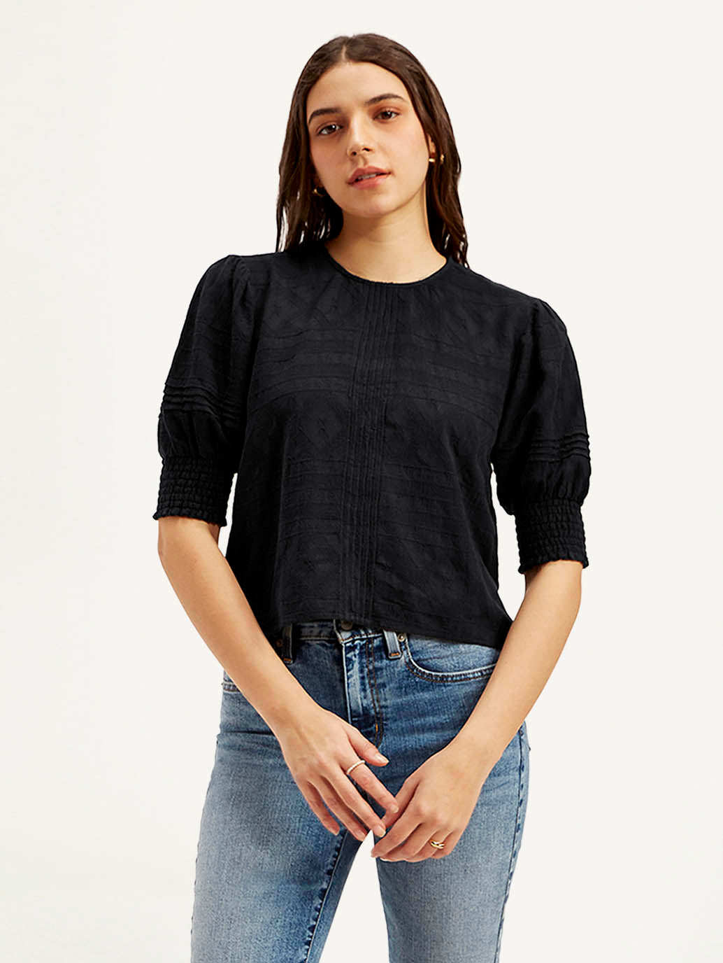 Women's Textured Black Round Neck Top - Front View