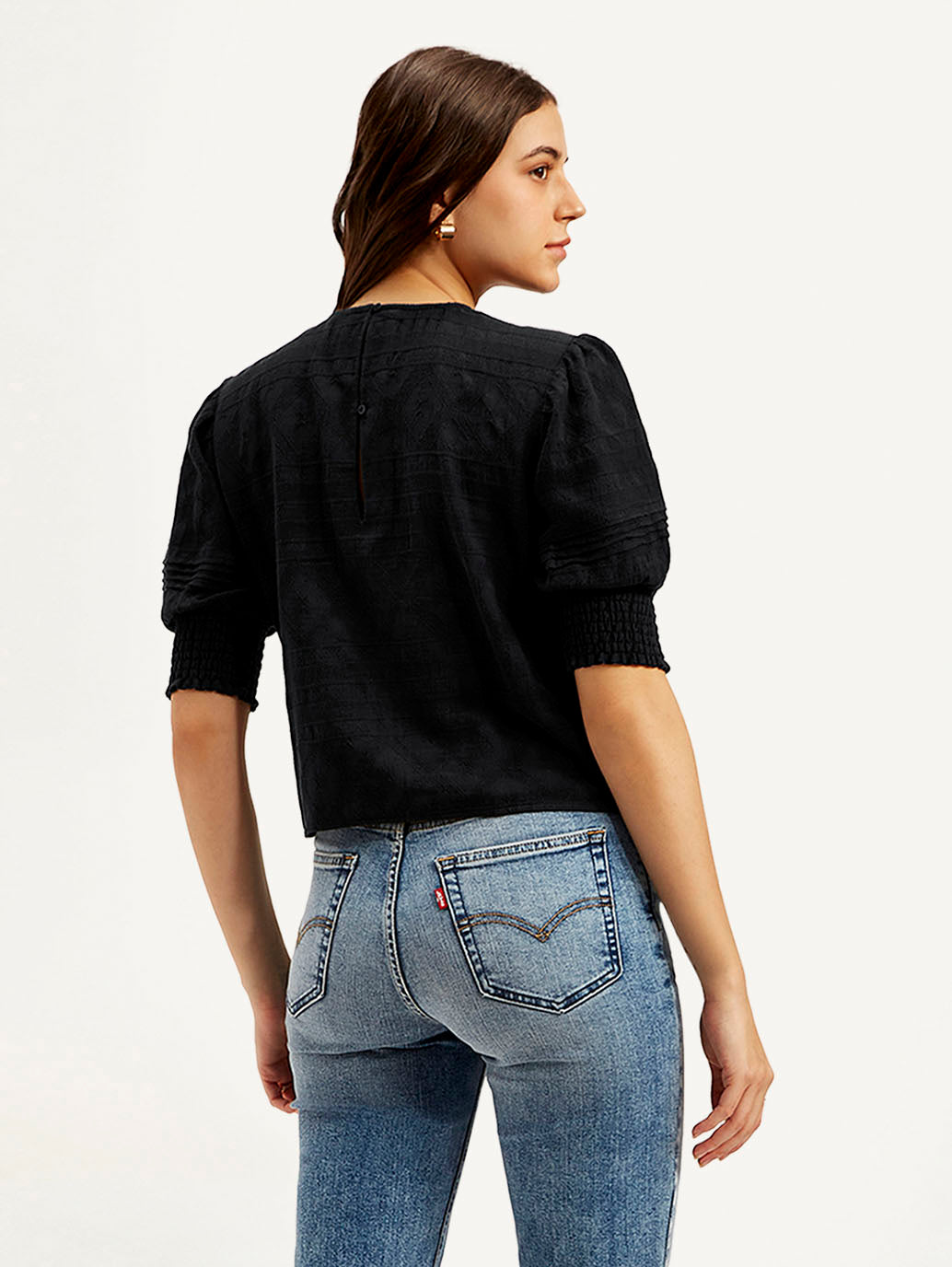 Women's Textured Black Round Neck Top - Back View
