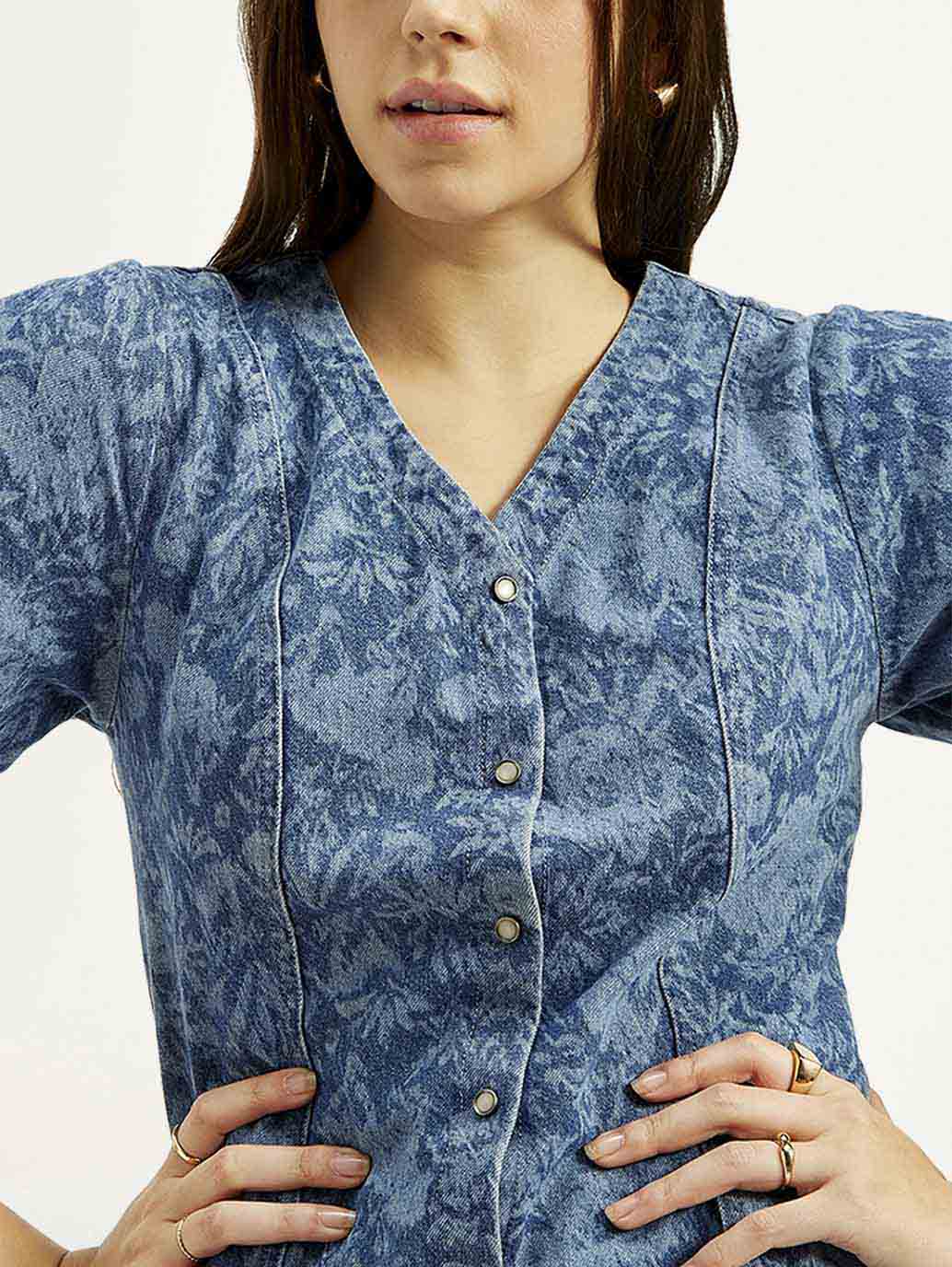 Women's Floral Blue V Neck Denim Dress - Detail View