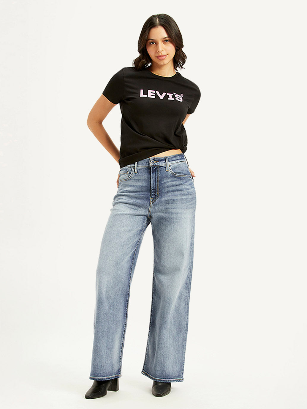 Women's Light Blue Ribcage Bell Bottom Wide Leg Fit High Rise Jeans - Styleshot View