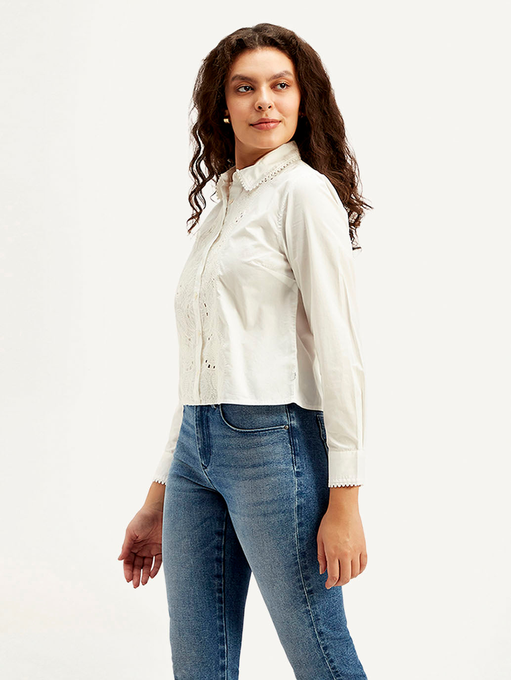 Women's Self Design Spread Collar Regular Fit Shirt - Side View