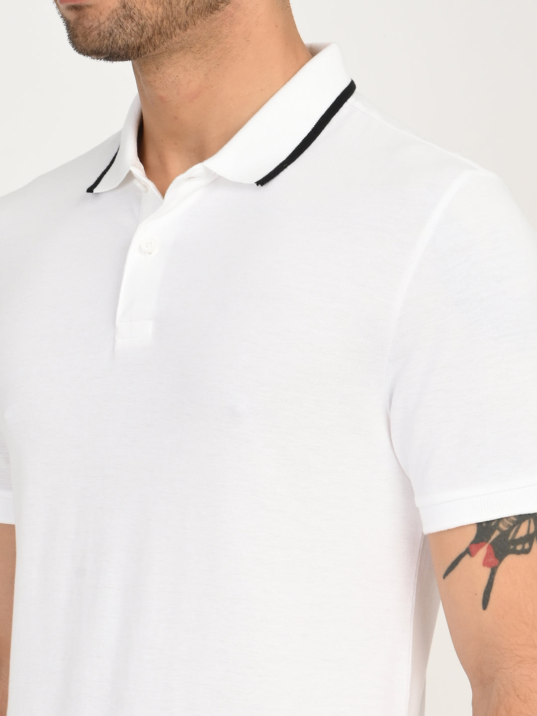 Men's Solid White Slim Fit Polo T-shirt - deatil View