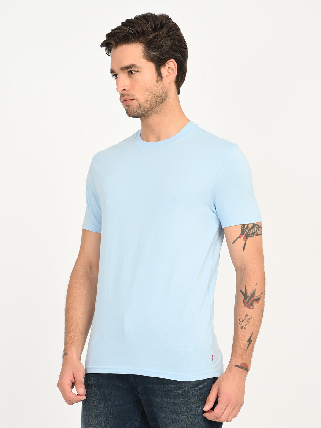 Men's Solid Light Blue Crew Neck T-Shirt - side View
