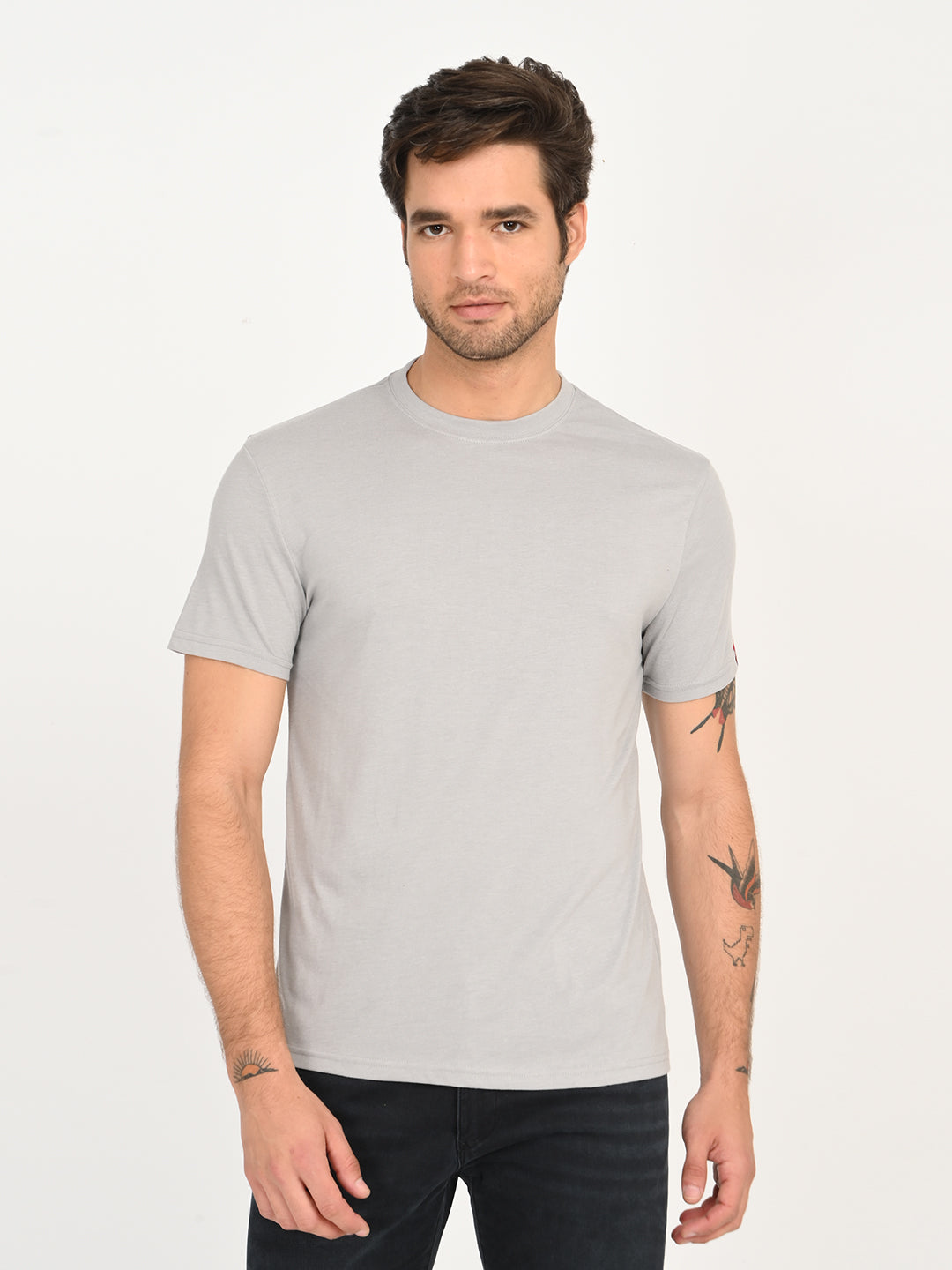 Men's Solid Light Grey Crew Neck T-shirt - frount View