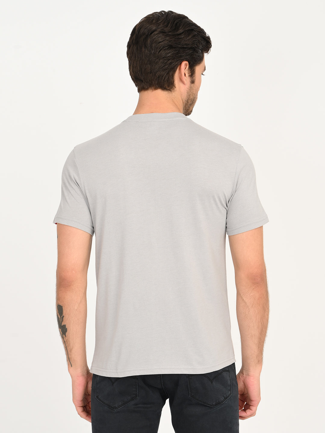 Men's Solid Light Grey Crew Neck T-shirt - back View