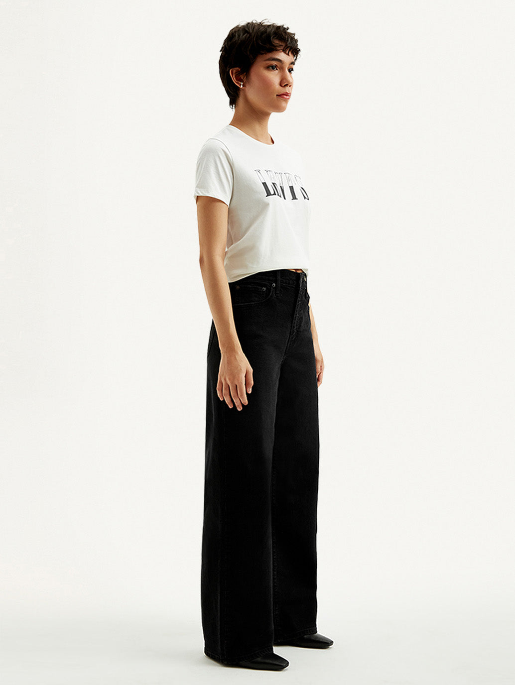 Women's Black Mile High Wide Leg Fit High Rise Jeans - Side View