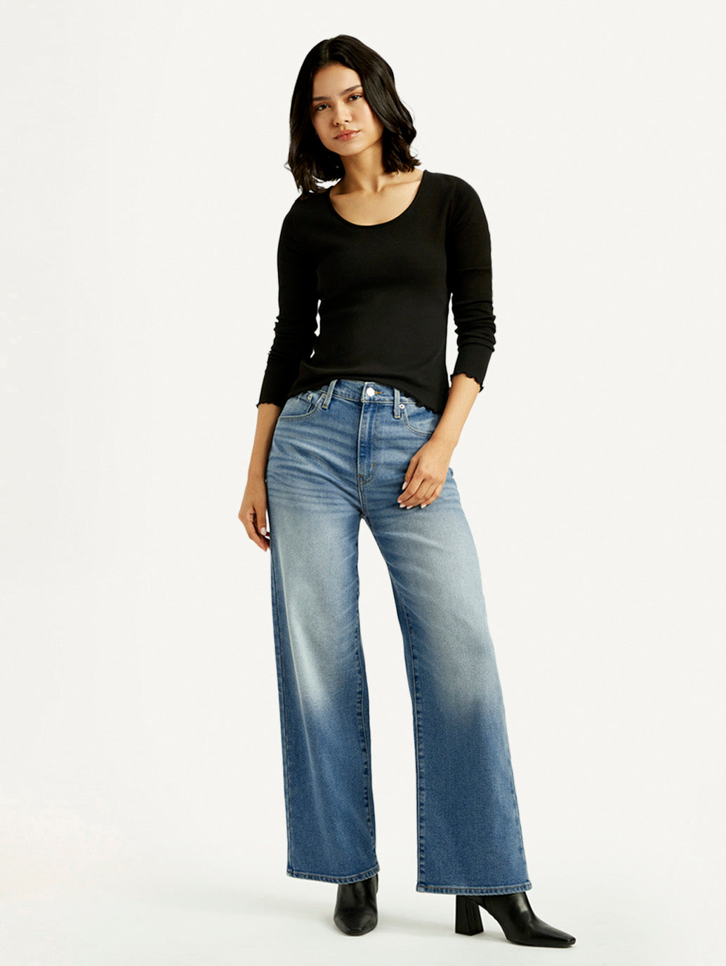 Women's Blue Wide Leg Fit High Rise Jeans - Styleshot View