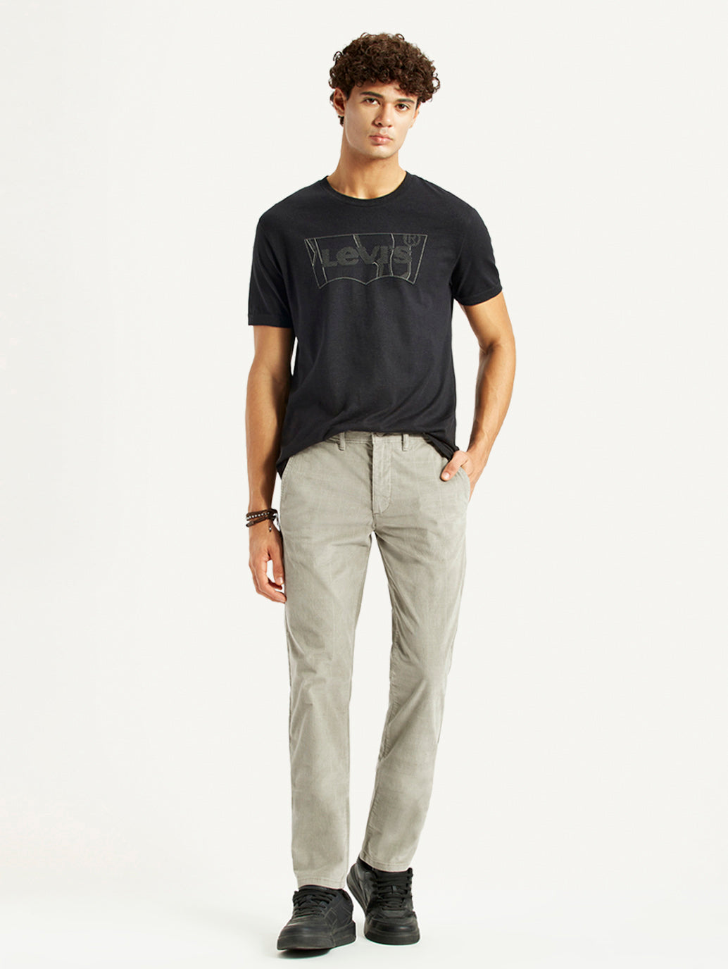 Men's Light Grey Slim Fit Tapered Corduroy Trousers - Styleshot View
