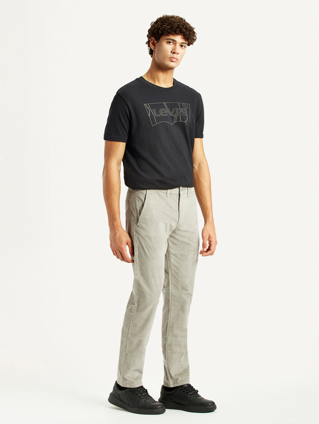 Men's Light Grey Slim Fit Tapered Corduroy Trousers - Side View