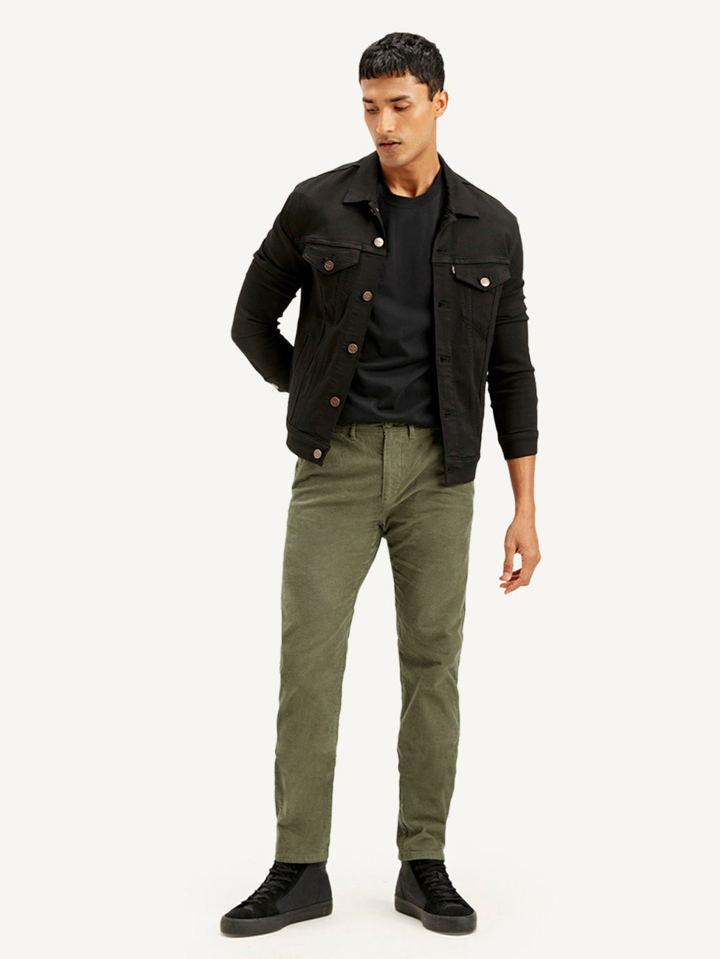 Men's Olive Slim Tapered Fit Chinos - Styleshot View