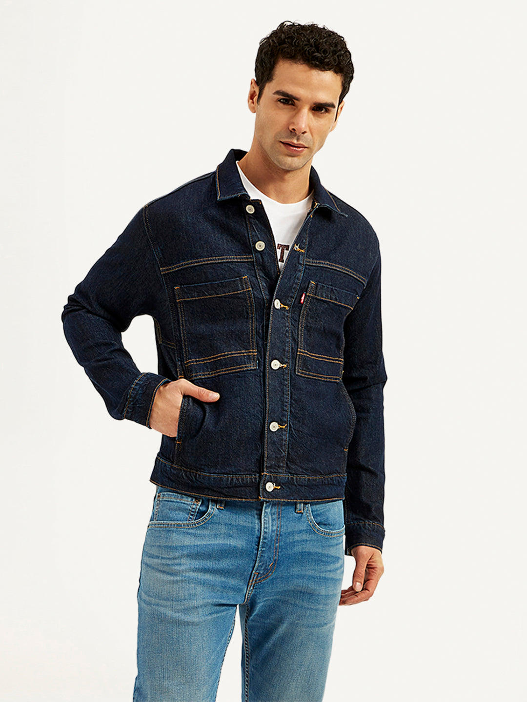 Men's Solid Navy Spread Collar Denim Jacket - 20 View