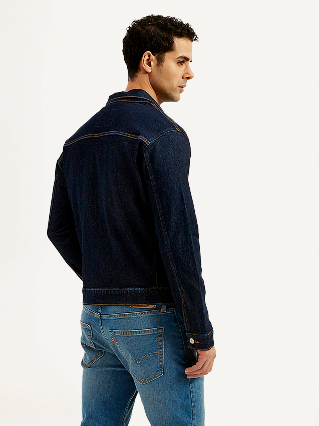 Men's Solid Navy Spread Collar Denim Jacket - 20 View
