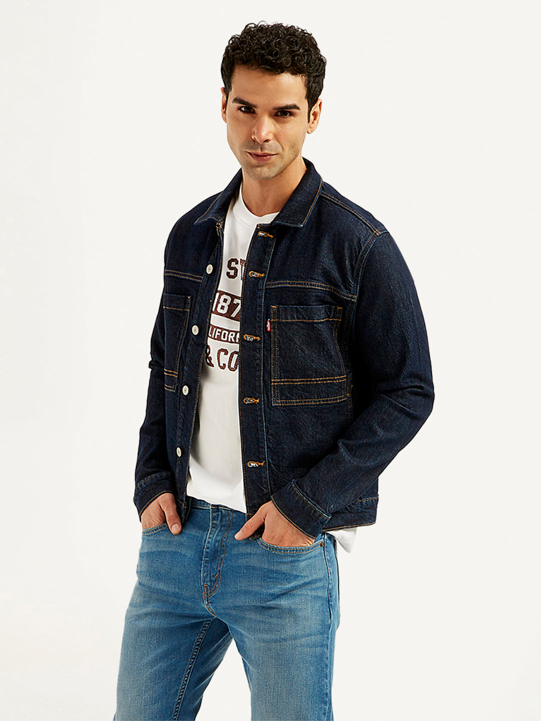 Men's Solid Navy Spread Collar Denim Jacket - Styleshot View