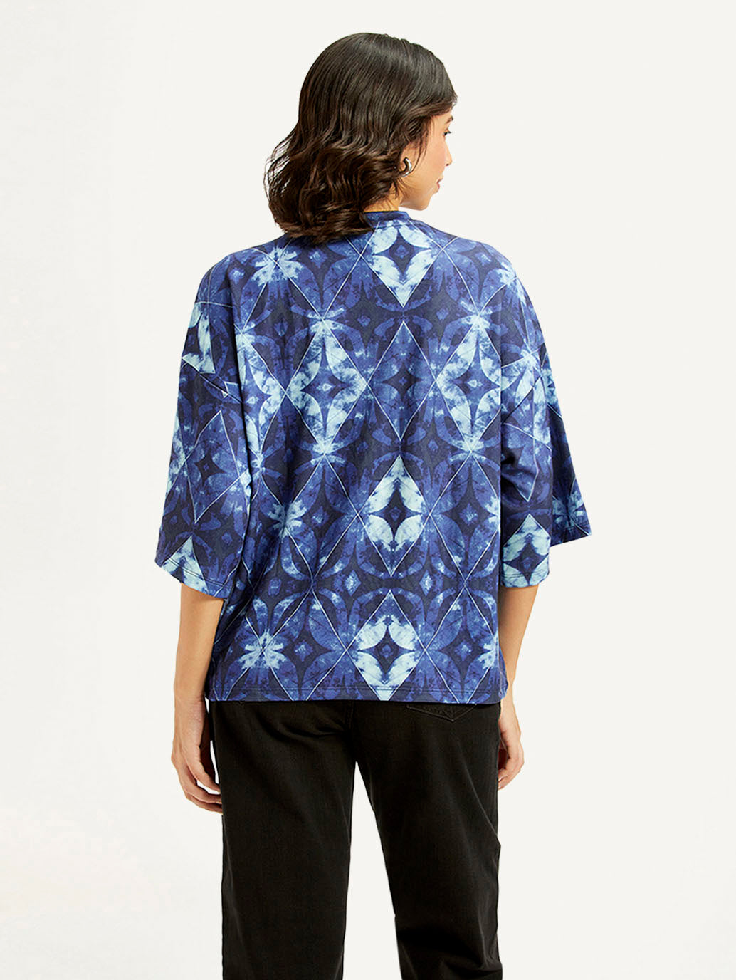 Women's Printed Blue Round Neck Top - back View