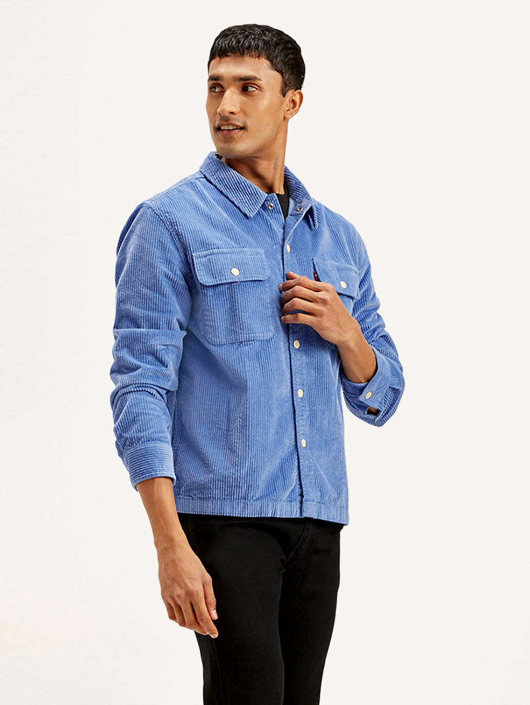 Men's Solid Blue Relaxed Fit Corduroy Shacket - Side View