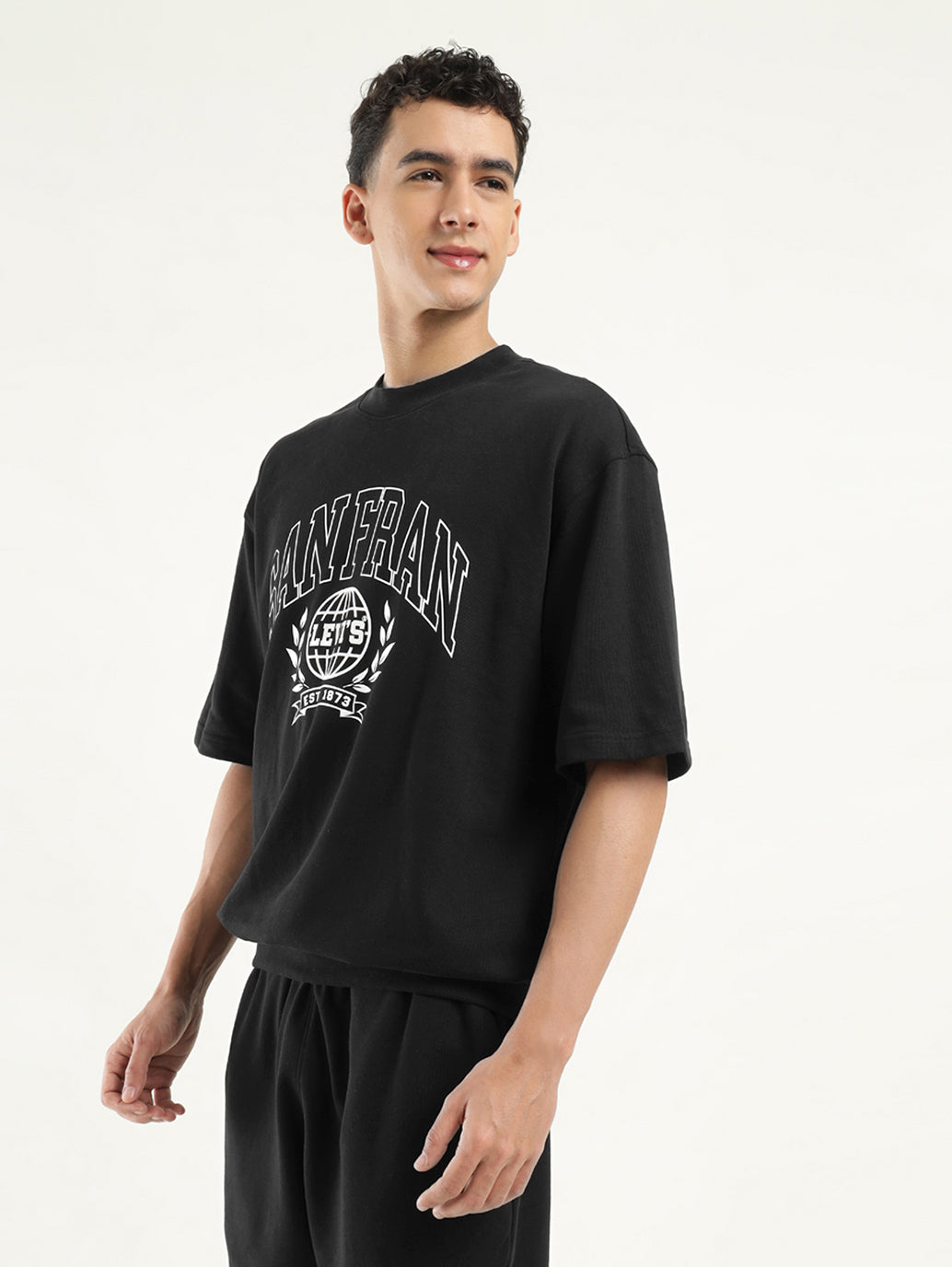 Men's Graphic Black Crew Neck T-shirt - Side View