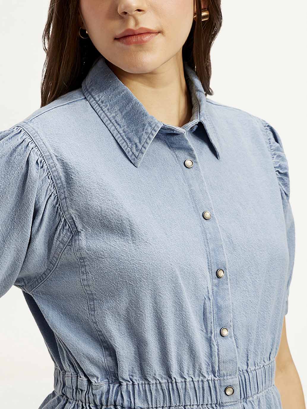 Women's Solid Light Blue Spread Collar Dress - Detail View