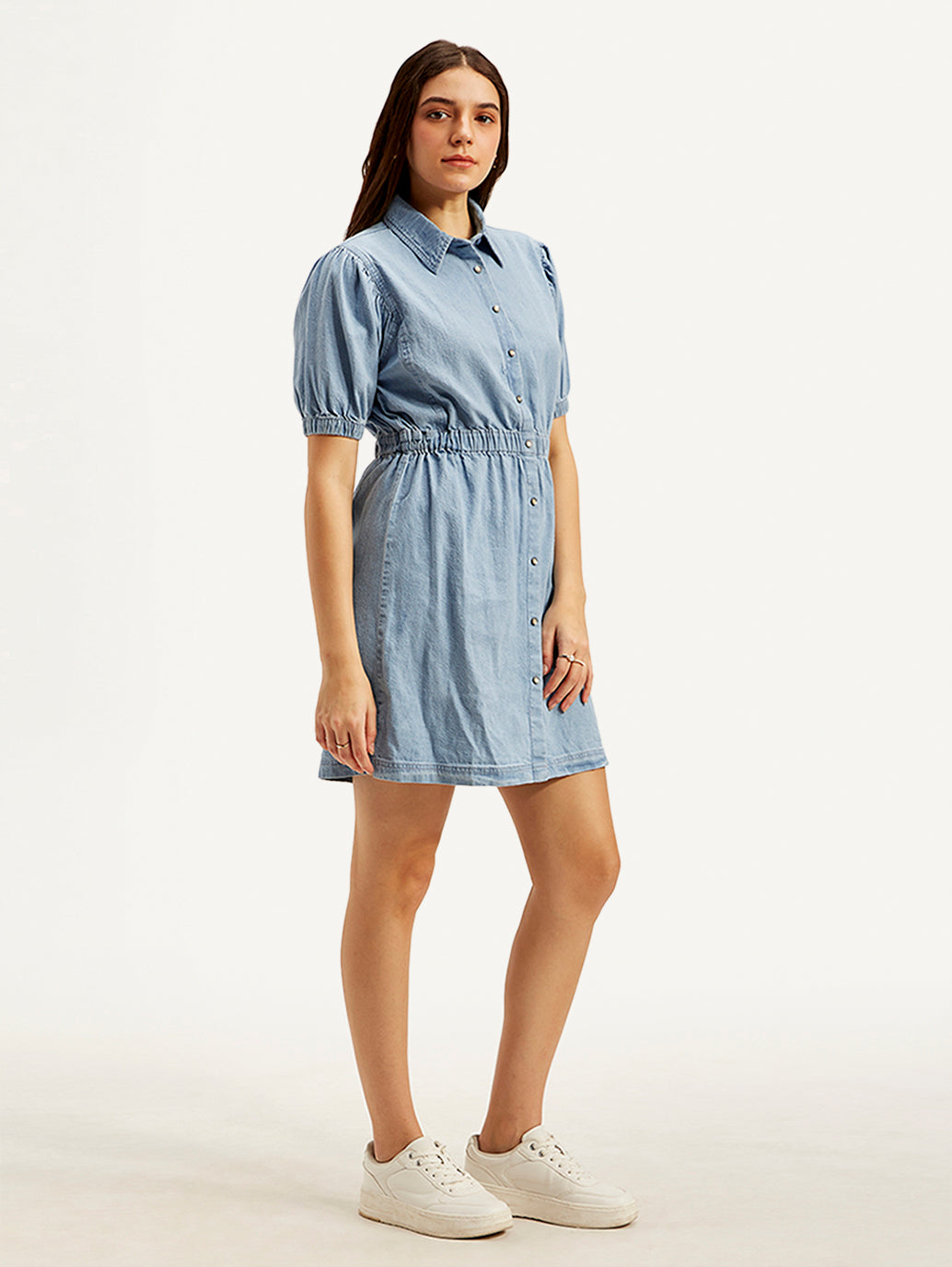Women's Solid Light Blue Spread Collar Dress - Side View