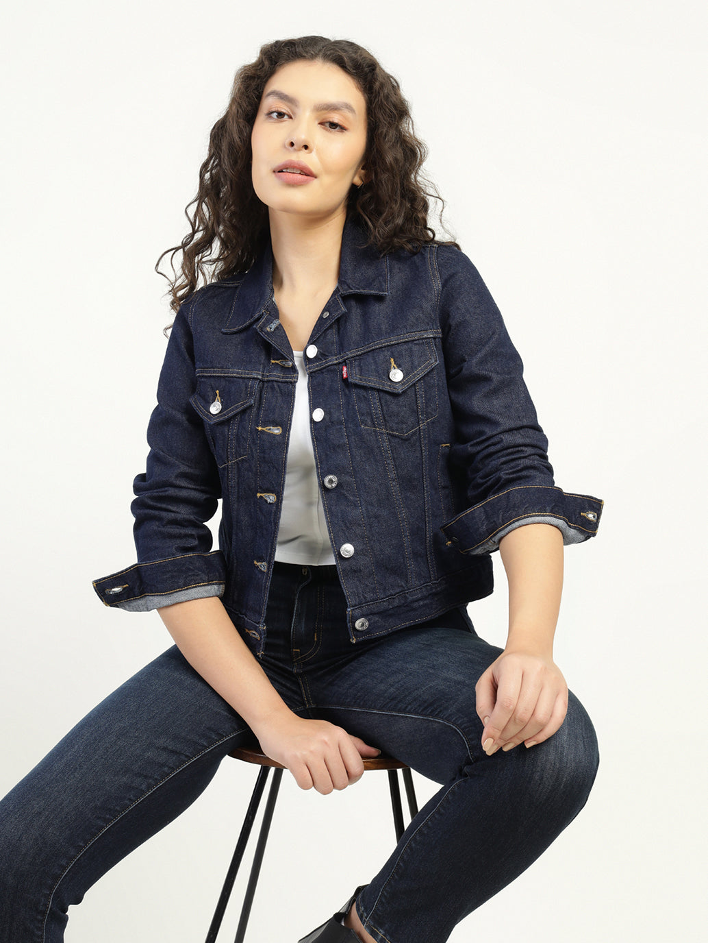Women's Solid Dark Blue Spread Collar Denim Jacket - Styleshot View