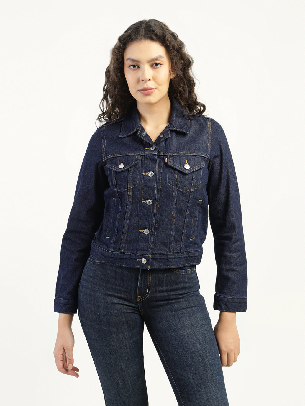 Women's Solid Dark Blue Spread Collar Denim Jacket - Front View