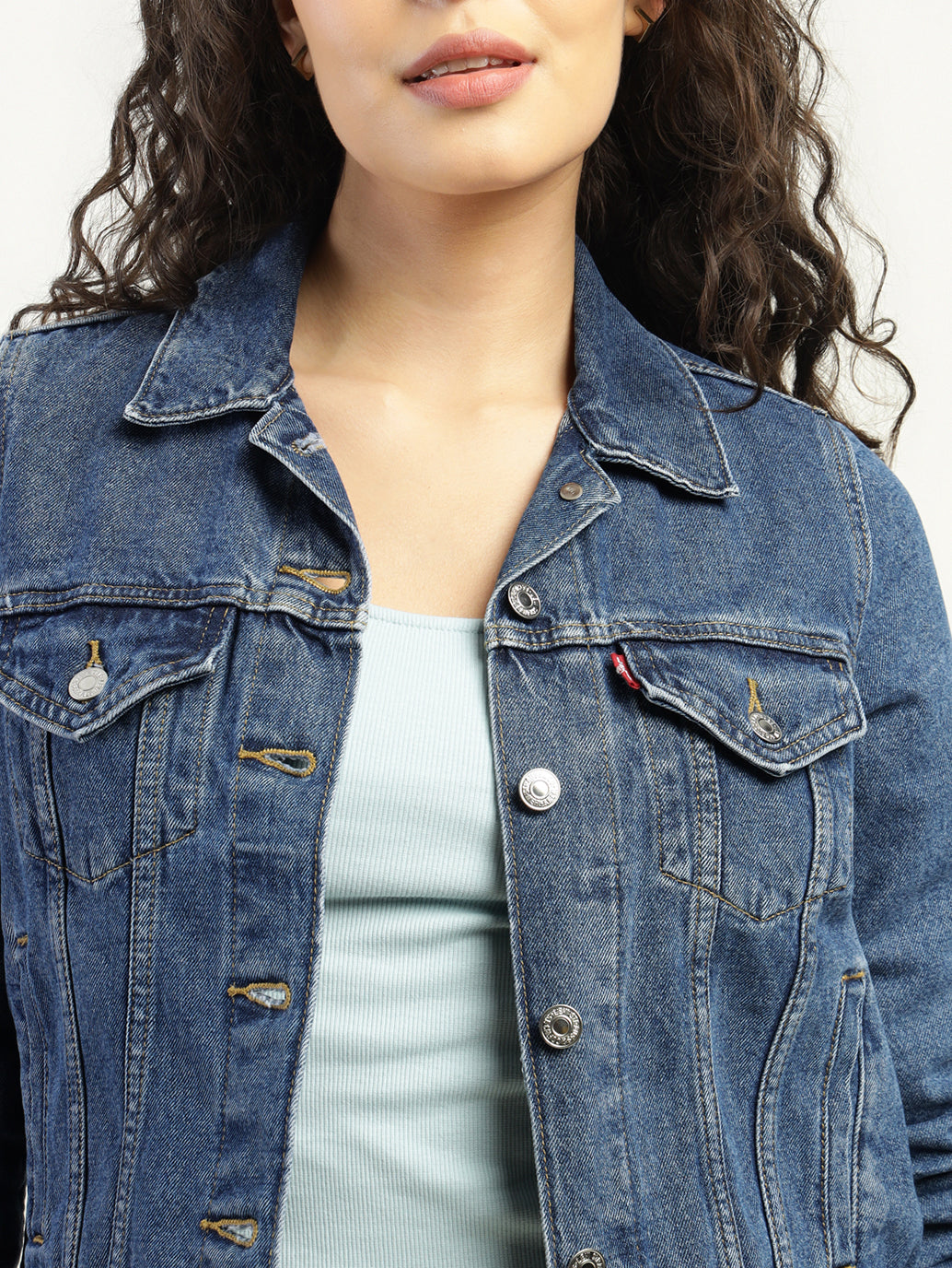Women's Solid Dark Blue Spread Collar Denim Jacket - Detail View