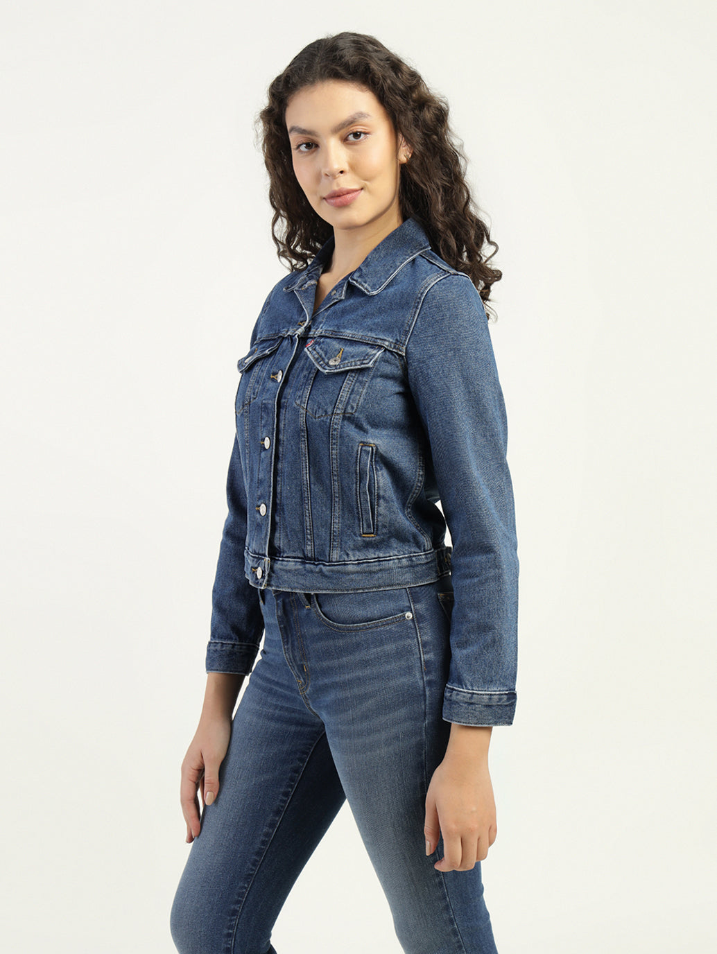 Women's Solid Dark Blue Spread Collar Denim Jacket - Side View