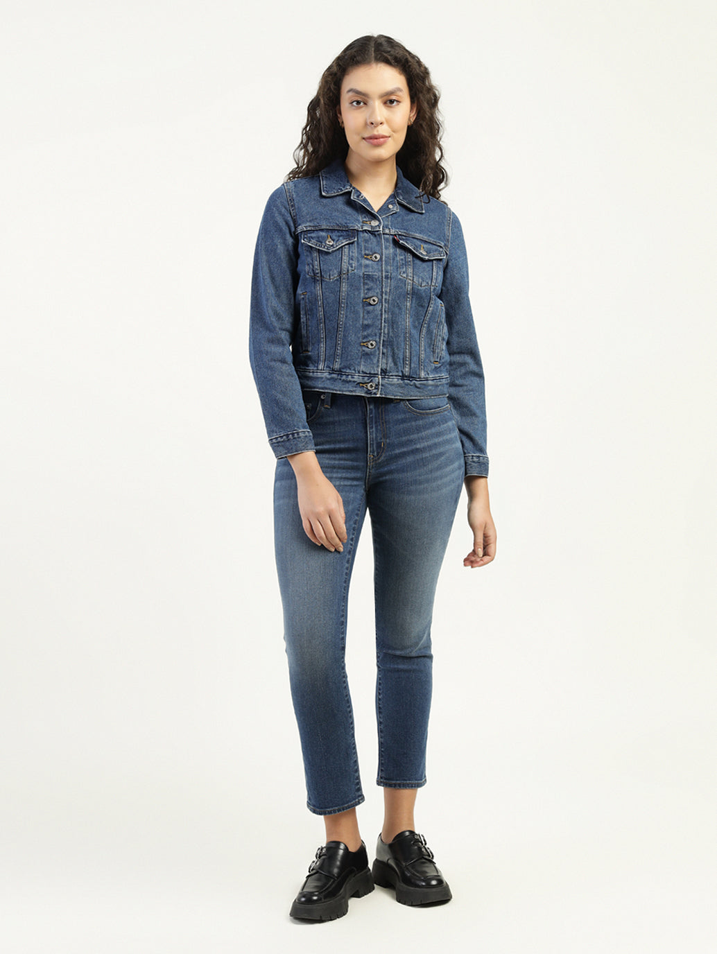 Women's Solid Dark Blue Spread Collar Denim Jacket - ModelFront View