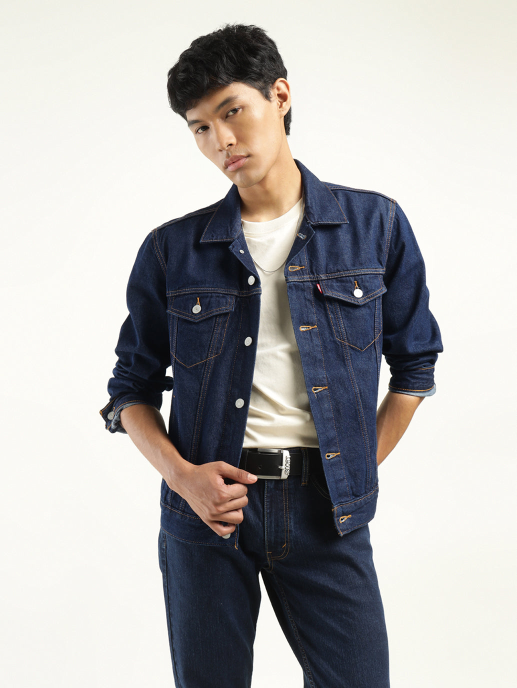 Men's Solid Dark Blue Spread Collar Denim Jacket - Styleshot View
