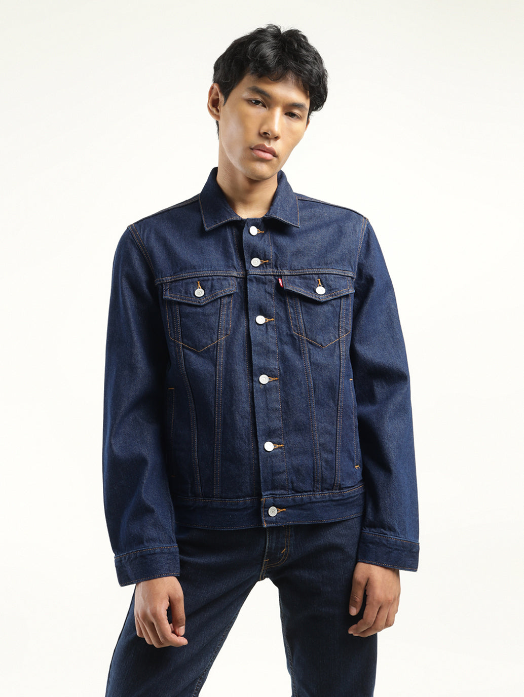 Men's Solid Dark Blue Spread Collar Denim Jacket - Front View