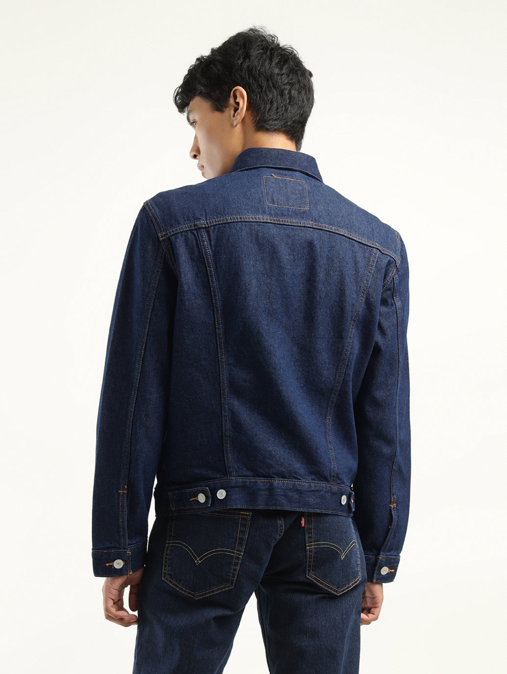 Men's Solid Dark Blue Spread Collar Denim Jacket - Back View