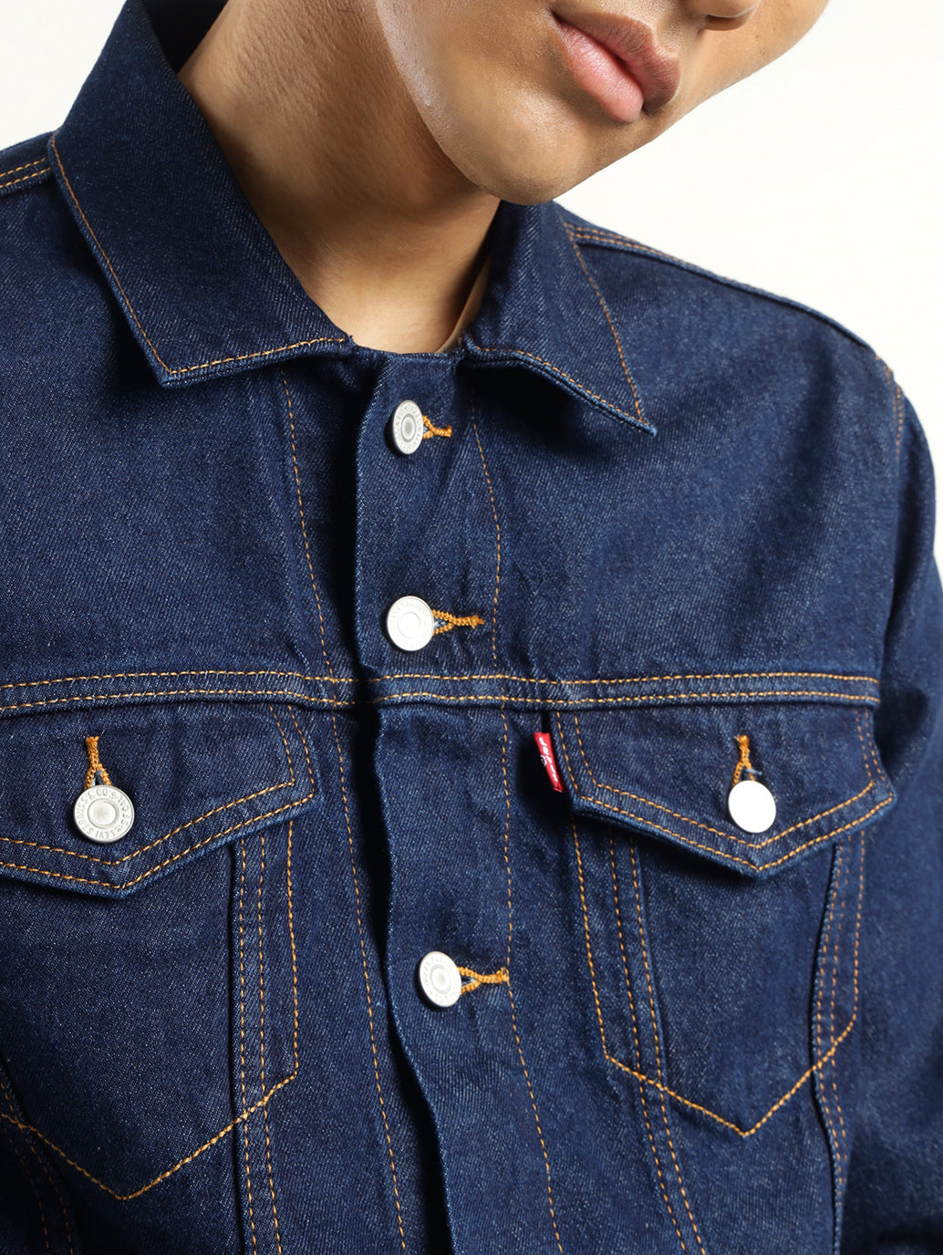 Men's Solid Dark Blue Spread Collar Denim Jacket - Detail View