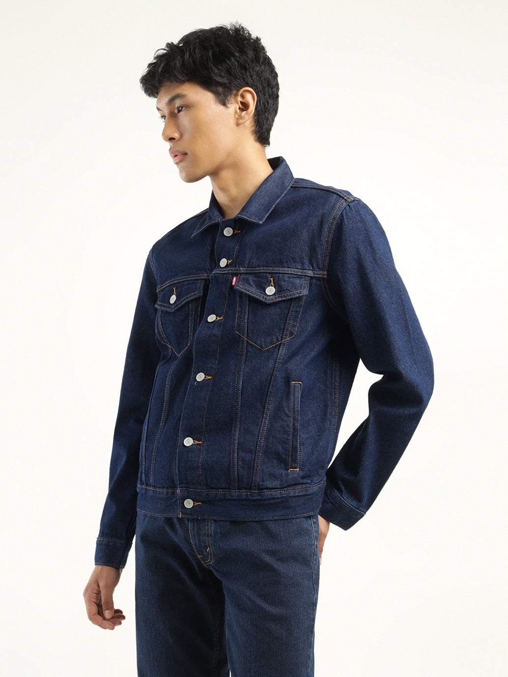 Men's Solid Dark Blue Spread Collar Denim Jacket - Side View